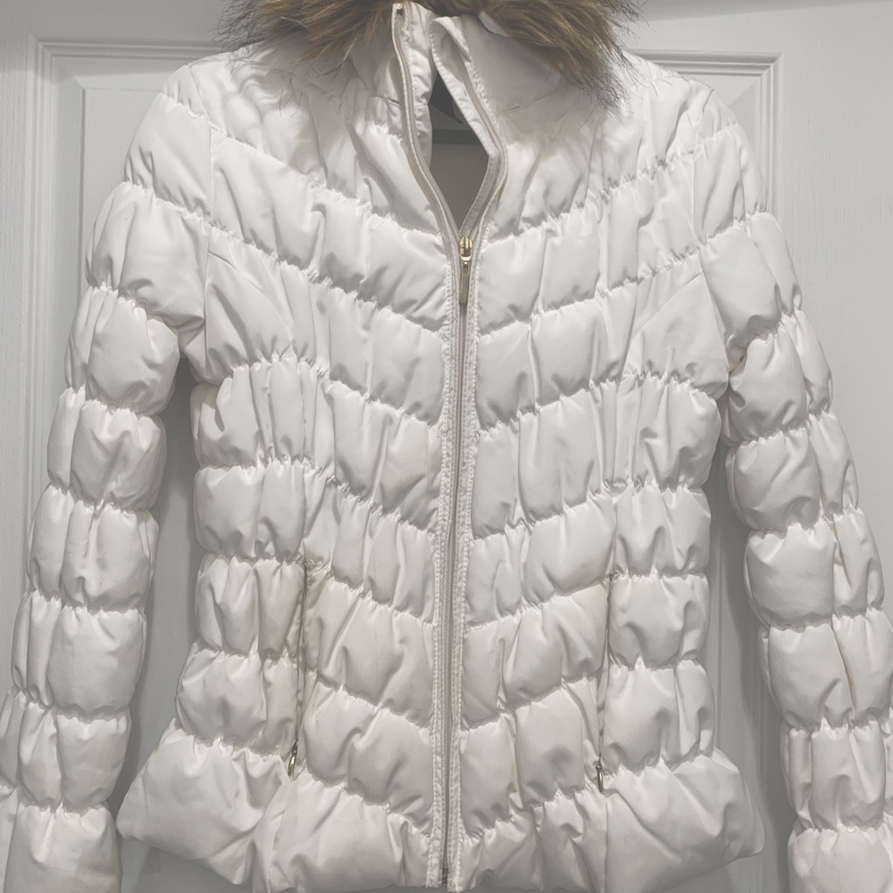 White INC Puffer Coat with Faux Fur Removable Hood